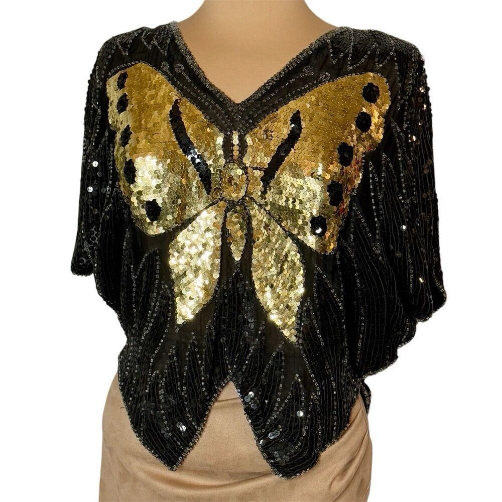 Jewel Queen NY London Women's Vintage Sweet Sequin Butterfly Topper Blouse Art